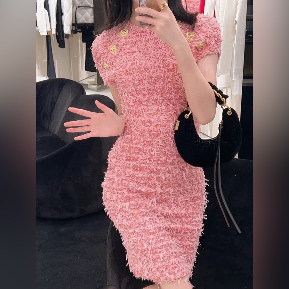 Elegant Pink Metallic Tweed Mini Dress